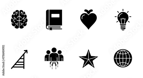 Minimalist black icons set: brain, book, heart, lightbulb, growth, community, star, globe