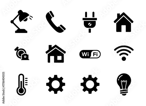 Home technology icons set: modern black silhouettes for smart living