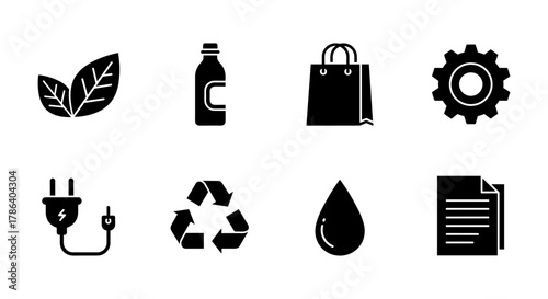 Eco-friendly icons: sustainability symbols featuring recycling, renewable energy, and green products