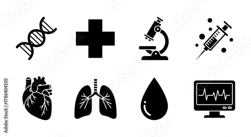Medical icons set: healthcare, lab, anatomy, and diagnostics in black silhouette design