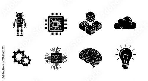 Technology icons set featuring robot, circuit, and cloud silhouettes
