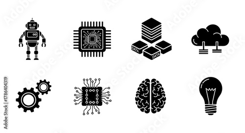 Technology icons featuring robots, microchips, data storage, and innovation symbol