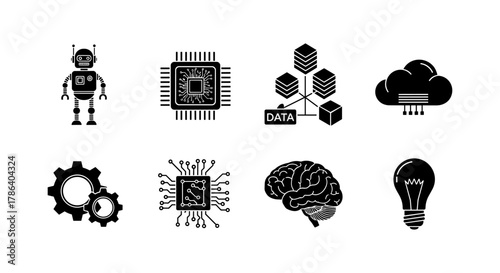 Silhouette technology icons: robot, cloud, data, chip, gear, brain, lightbulb