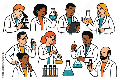Diverse group of scientists in lab coats conducting experiments with beakers and microscopes