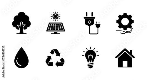 Eco icons collection featuring renewable energy and sustainability symbols