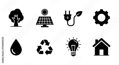 Eco-friendly icons: renewable energy and sustainable practices silhouette collection