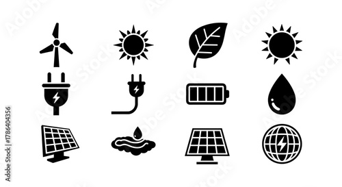 Renewable energy icons: wind, solar, electric, and eco-friendly designs
