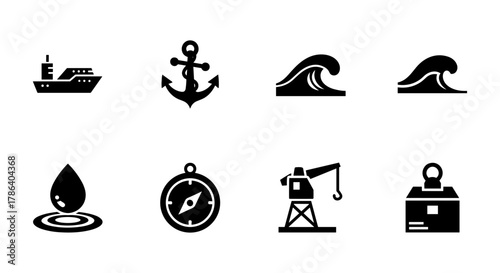 Maritime themed silhouette icons featuring ships, waves, and nautical symbols