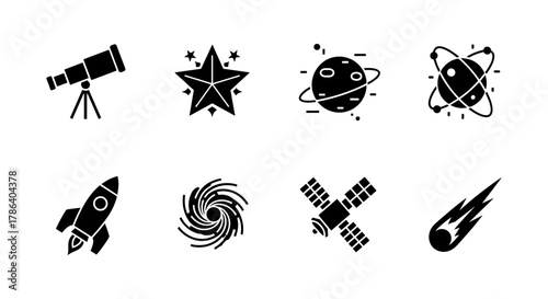 Set of space icons: telescope, rocket, satellite, galaxy, star, planet, atom, meteor
