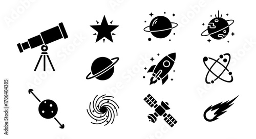 Celestial exploration icons: telescope, rocket, and cosmic symbols in black silhouette