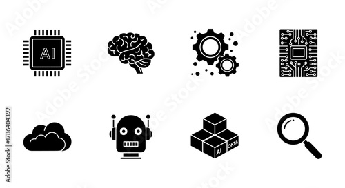 Ai and technology icons: silhouette set featuring robot, brain, and cloud