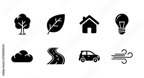 Minimalist icons of sustainable living and nature elements for eco-friendly designs