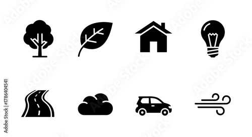 Simple black icons of nature and everyday objects