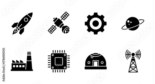 Silhouette icons of space exploration and technology