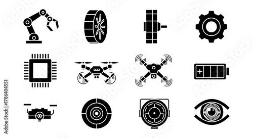 Black and white robotics and technology icons set with drones and ai elements