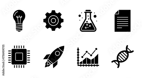 Science and technology icons set: light bulb, gear, flask, and more symbols