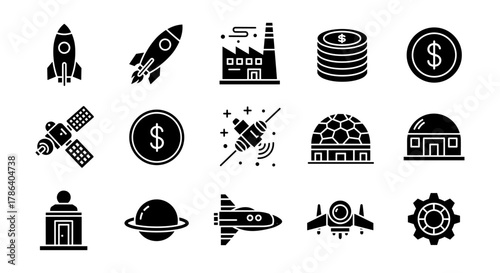 Bold icon set featuring rockets, satellites, and space-themed elements in black silhouette style