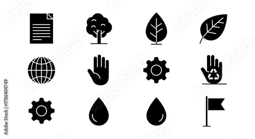 Eco icon set featuring nature and sustainability symbols in modern silhouette style