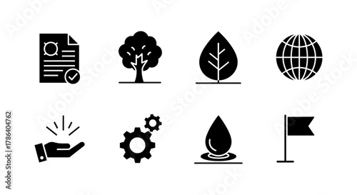 Eco-friendly icons: sustainability, nature, conservation, and innovation in silhouette style