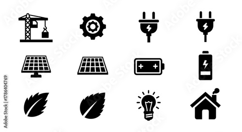 Renewable energy and technology silhouette icons set