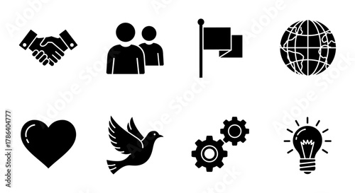 Silhouette icons: business, global communication, and innovation symbols in black and white