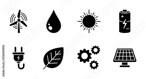 Renewable energy icons: solar, wind, water, leaf, and more in black silhouette design