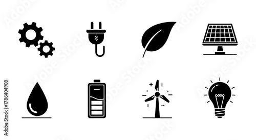 Sustainable energy icons: gear, plug, leaf, solar, water, battery, wind, lightbulb