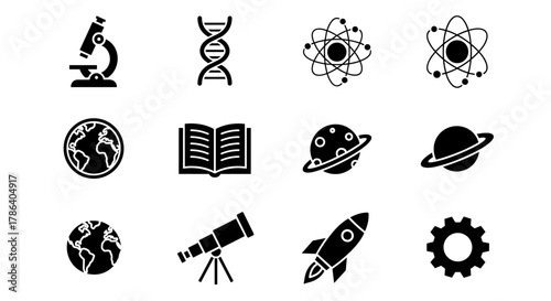 Science and education icons collection featuring microscope, dna, and globe illustrations