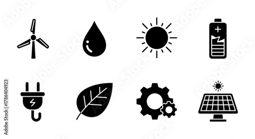 Renewable energy icons set featuring solar, wind, and eco-friendly symbols in black