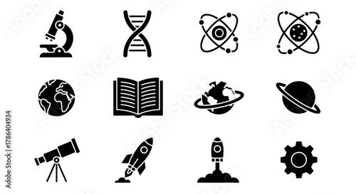 Science icons: microscope, dna, atom, planet, telescope, rocket, gear