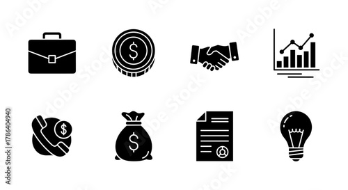 Silhouette business icons representing finance, success, and innovation