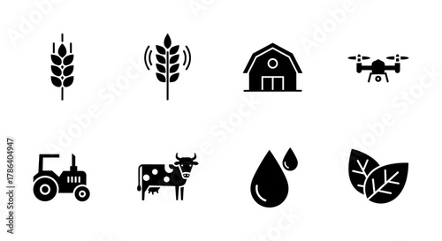 Modern farming icons set featuring agriculture, technology, and sustainability elements