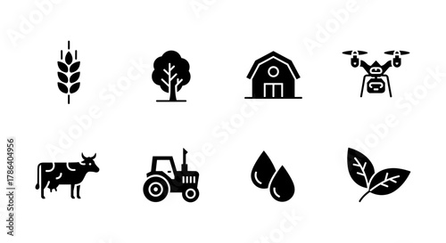 Farming and agriculture icons set featuring drone, tractor, and barn