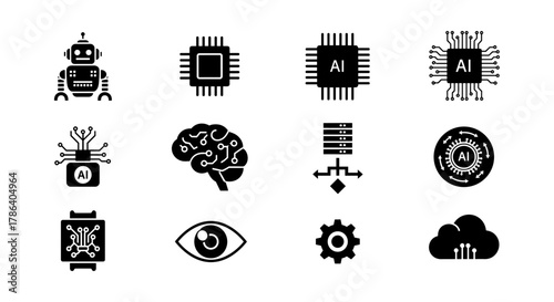 Artificial intelligence technology icons set in black silhouette style