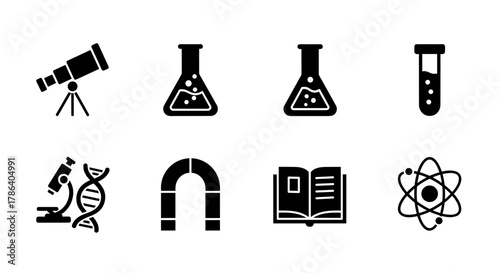 Science and education icons collection: microscope, dna helix, magnet, and more