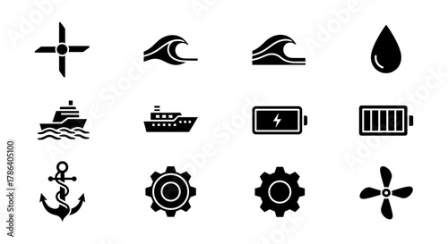 Minimalist nautical and energy icons set: waves, ships, gears, and more