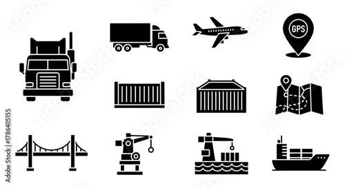 Transportation and logistics icons set featuring vehicles, gps, and infrastructure