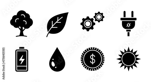 Essential eco and energy icons featuring nature and technology elements