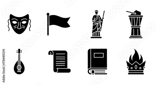 Classical silhouette icons: greek culture and arts symbols in simple black style