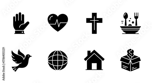 Icon set: charity and faith symbols featuring silhouette designs