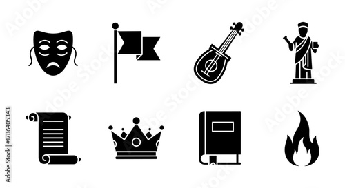 Silhouette icons set: theater mask, musical instrument, scroll, crown, book, and flag