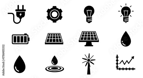 Energy and sustainability icon set featuring solar, wind, and electric symbols in black