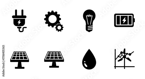 Energy and sustainability icons set featuring solar panel, plug, and gear symbols