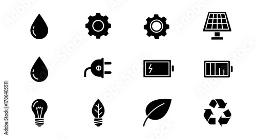 Eco-friendly energy icons: renewable power and natural resources symbols