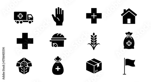 Humanitarian aid icons set: emergency, healthcare, and relief symbols in silhouette design