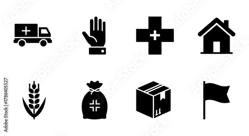 Essential emergency icons: ambulance, medical cross, home, supplies, agriculture, and flag silhouettes