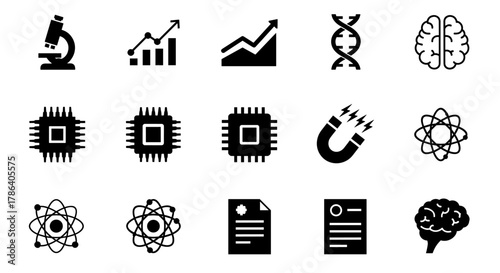 Scientific technology icons set featuring microscopes, charts, dna, and atomic structures