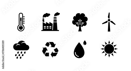 Eco icons set: sustainability, climate change, and renewable energy concepts