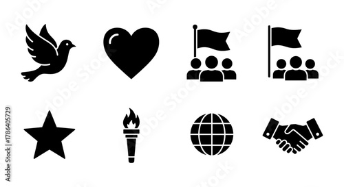 Symbols of peace and unity: dove, heart, torch, globe, handshake icons
