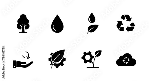 Sustainability icons: nature, recycling, and eco-friendly symbols in black silhouette